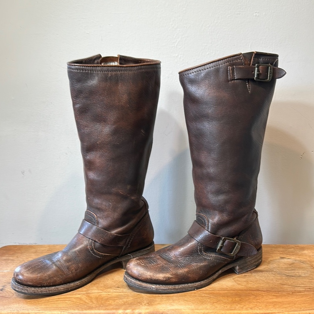 Frye Veronica Slouch Brown Leather Equestrian Boots with Buckle Detailing